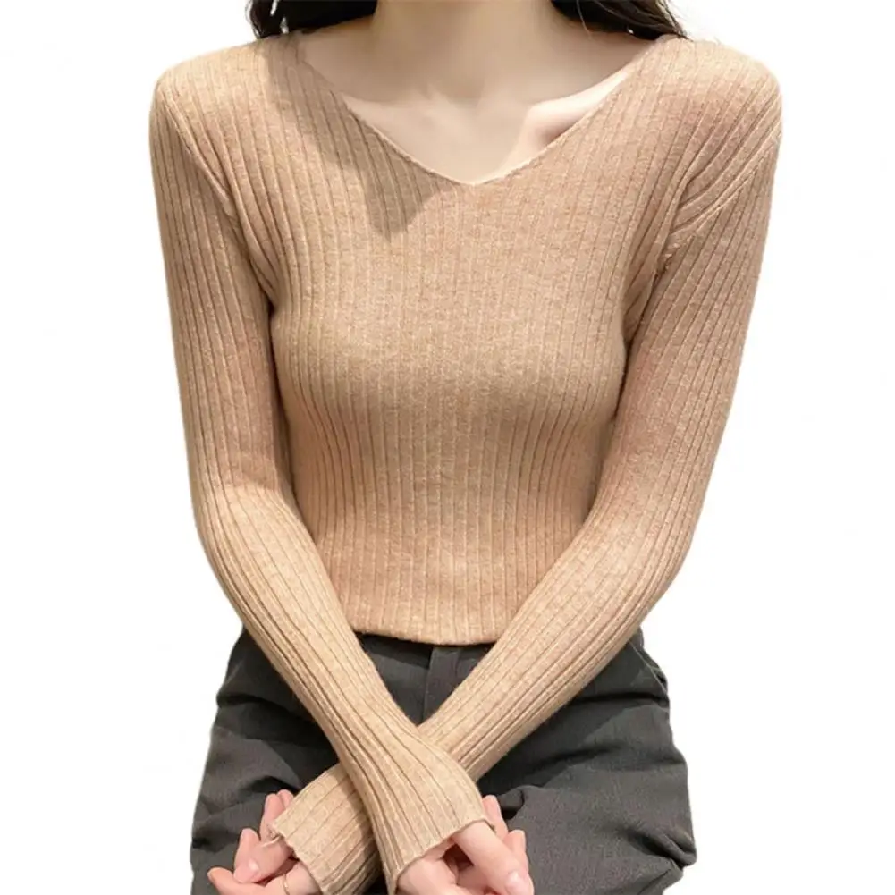 

Sweater Pullover Women Female Knitted V-neck Long Sleeve Stretchy Pullover Sweater Ribbed Candy Color Bottoming Shirt for Ladies