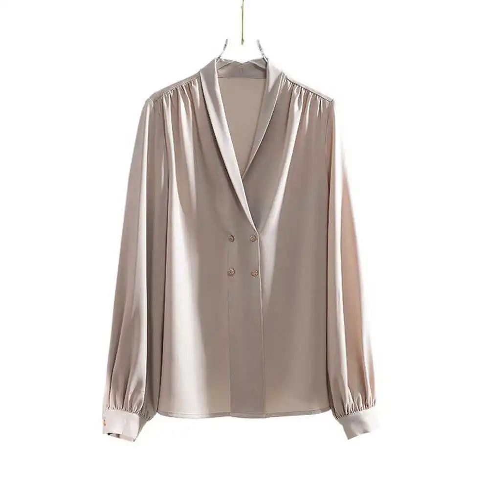 

Double Breasted Satin Silk Shirt Vintage Blouse Women Apricot Office Lady Commute Long Sleeves Female Slim Temperament Shirts