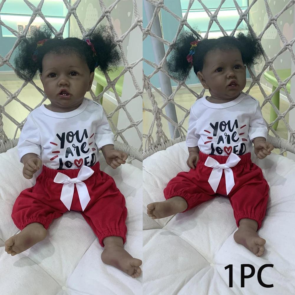 

55cm Girl Reborn Doll Black Skin Flexible Funny Silicone Lifelike Kids Toy With Teeth Full Body Real Touch Clothes Reborn Doll