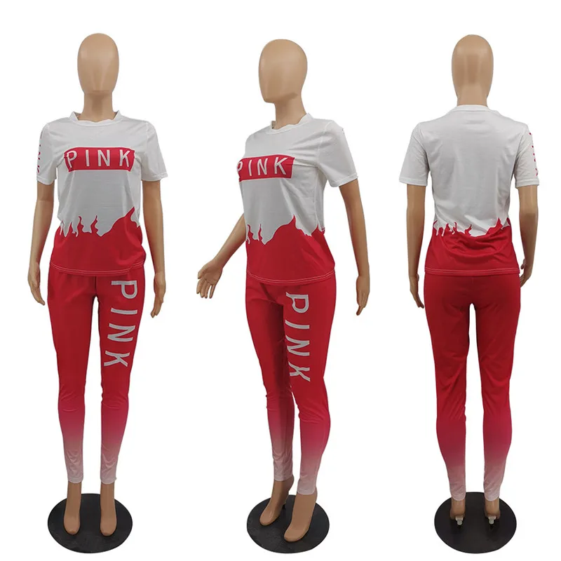 

Summer Pink Letter Print Women Two Piece Set Sexy Short Sleeve T-shirt+Skinny Pants Sports Sets Casual Tracksuit Jogger Outfit