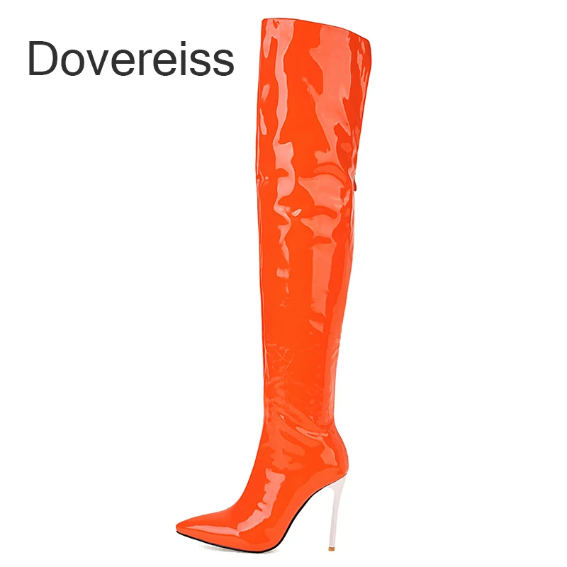 

Dovereiss Fashion Female Boots Winter New Orange red Sexy Stilettos Back Zipper Over The Knee Boots Thigh High Boots 41 42 43