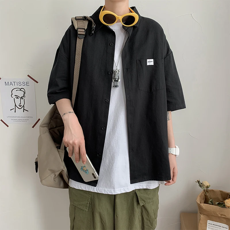 

4 Colors Shirts Men Half Sleeves Summer Baggy Tops XXL Student Casual Harajuku Street BF Korean-style Pocket Oversize Shirt Male