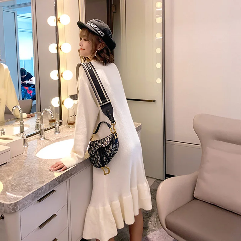 Вязаные платья для осени и зимы 2020 модные длинные женские с оборками