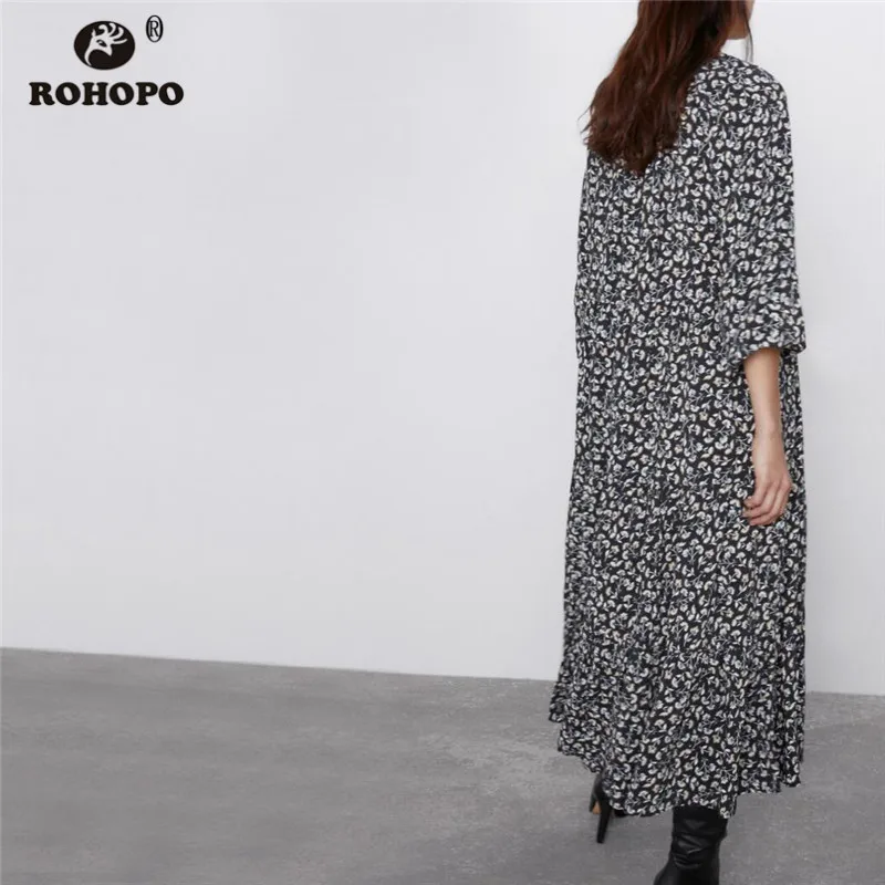 ROHOPO/платье средней длины с высоким воротником и принтом рукав три четверти на