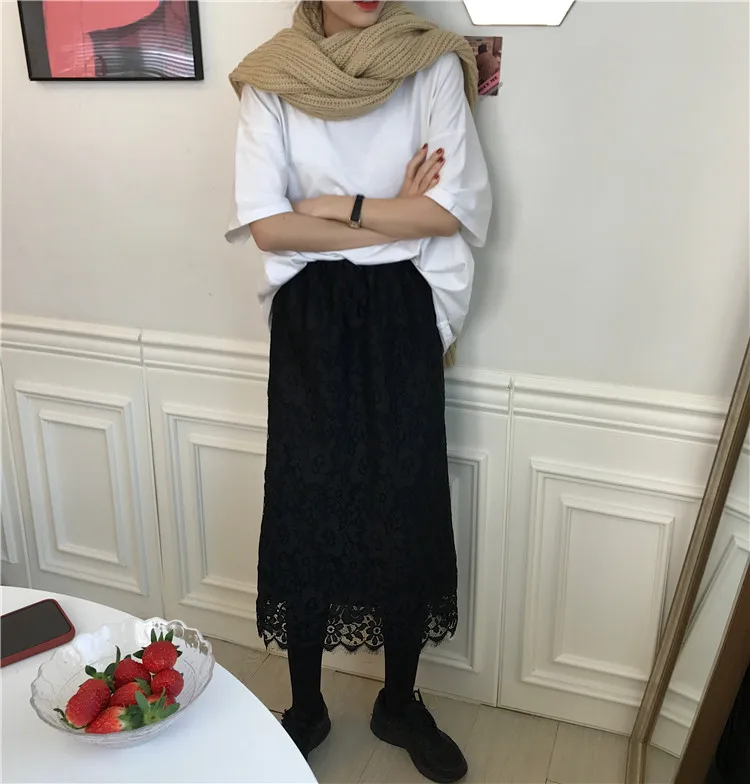 Женская кружевная юбка двусторонняя Свободная с высокой талией и поясом на