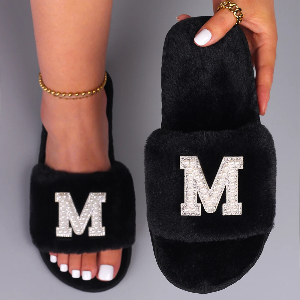 personalized slippers women custom pearl letter decor fluffy house slippers female faux fur slides open toe flat shoes hen party free global shipping