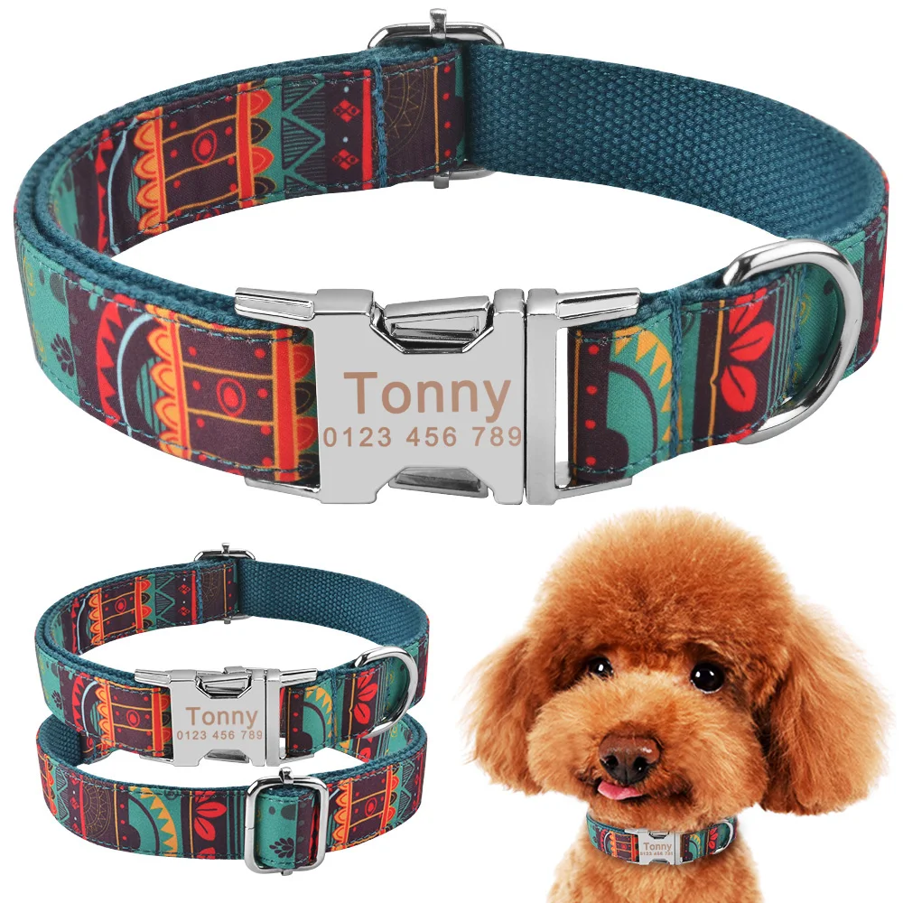 

Small Large Personalised Nylon Dog Collar Pet Name ID Tag Engraved Adjustable