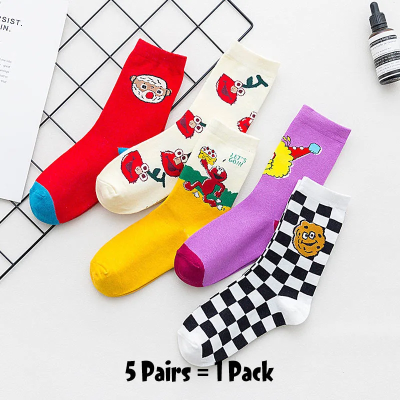 5 Pairs-18 5 пар Женские Мультяшные шикарные движения скейтборд хлопчатобумажные носки Улица Сезам длинные носки искусство женский персонаж милый хипстер Мода - Цвет: 5 Pairs-18