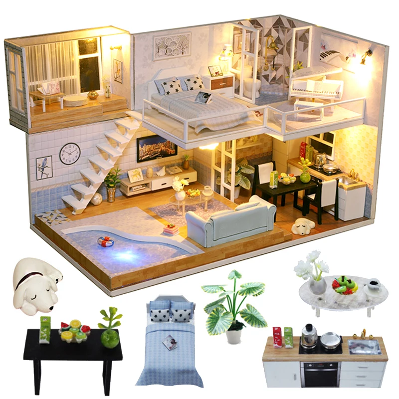 

DIY кукольный домик Миниатюрный деревянный кукольный домик мебельный набор со светодиодной музыкой пылезащитный чехол игрушки для детей по...