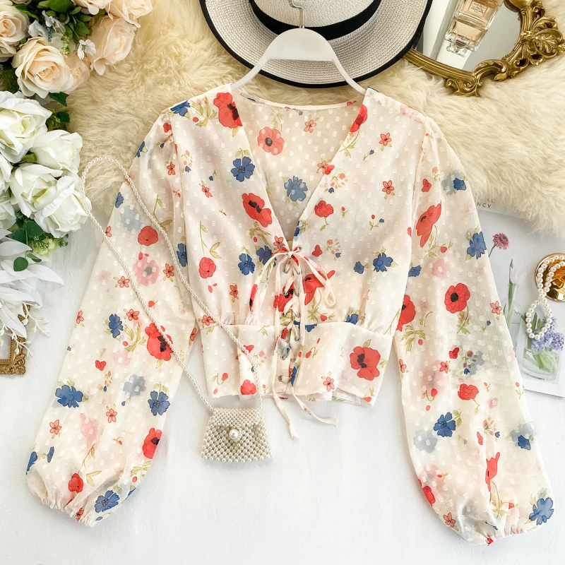 Новинка 2019 модная женская одежда осенние цветочные шифоновые блузки с v-образным