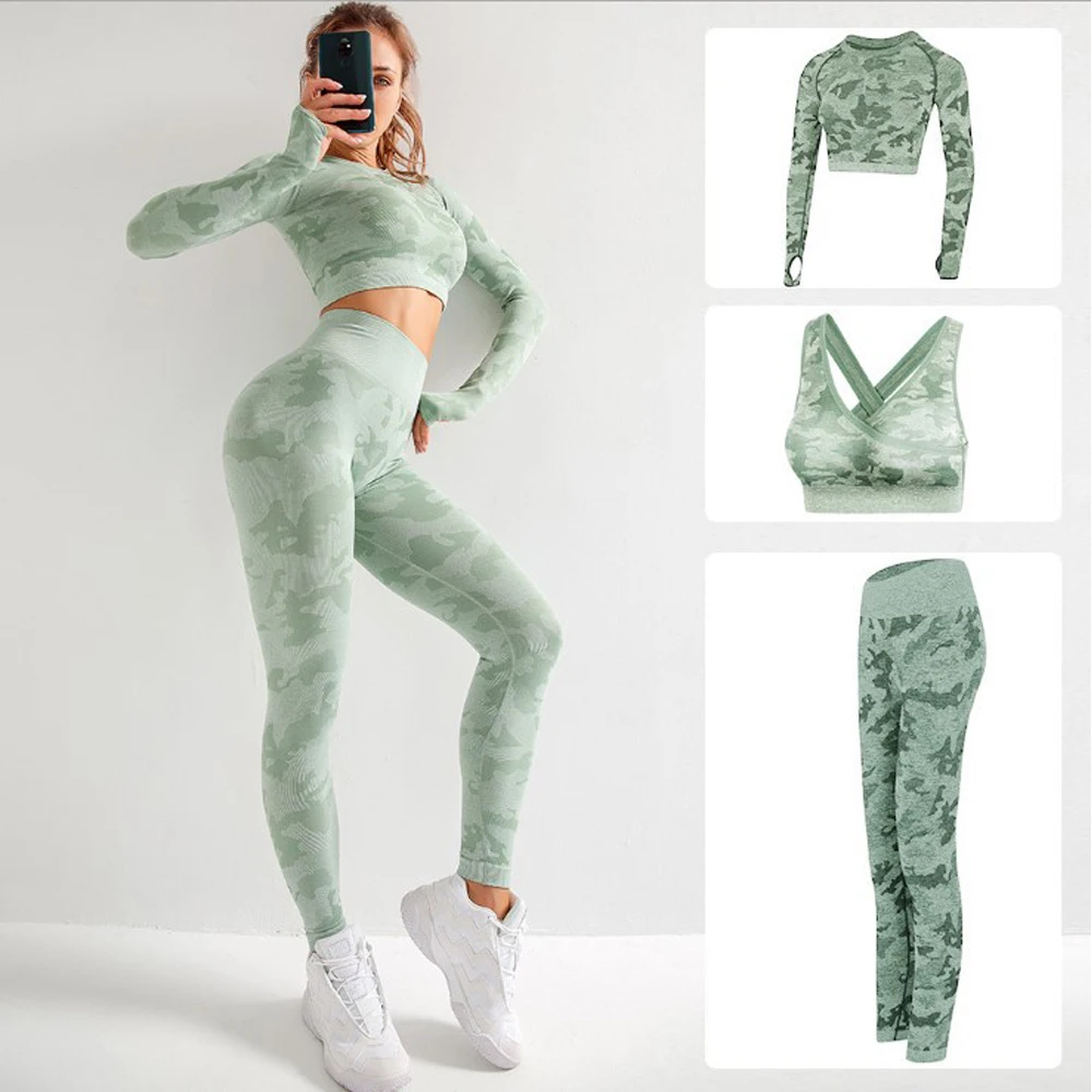 

3pcs Workout Clothes for Women Yoga Set High-waisted Seamless Leggings Long Sleeve Camouflage Casual Laying Sports Gym Sets