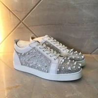 white leather low cut rivet rhinestone men lady shoes luxury brand red bottom flat loafers casual leisure sea cucumber shoes
