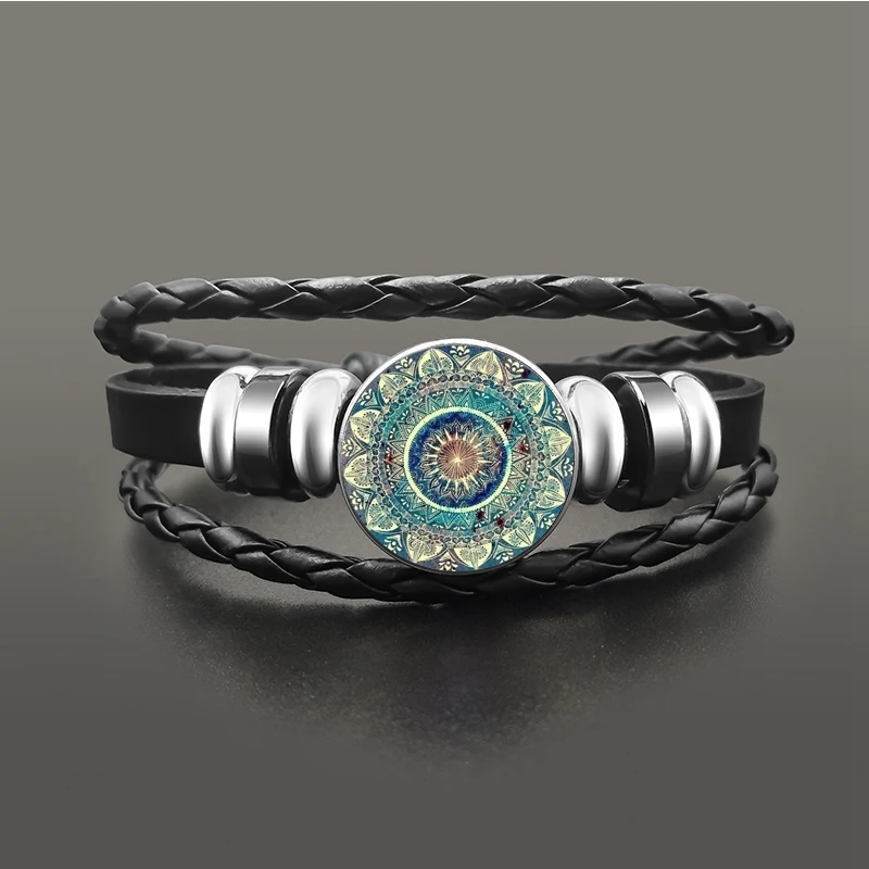 Винтажные браслеты с кнопками застежками Om Yoga Chakra Mandala классический кожаный
