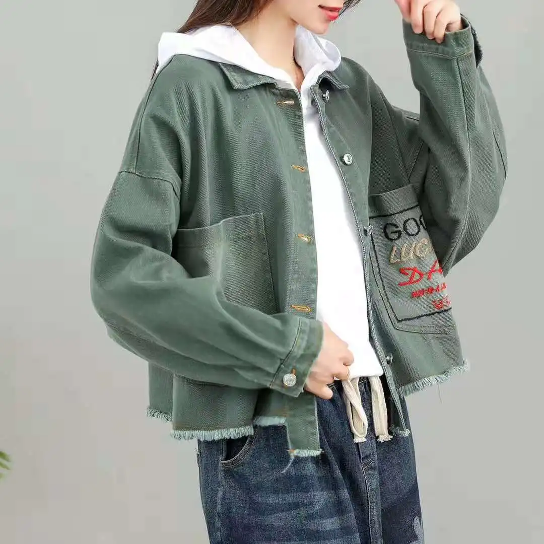 Осенние куртки женские ретро большие размеры Свободная Повседневная джинсовая