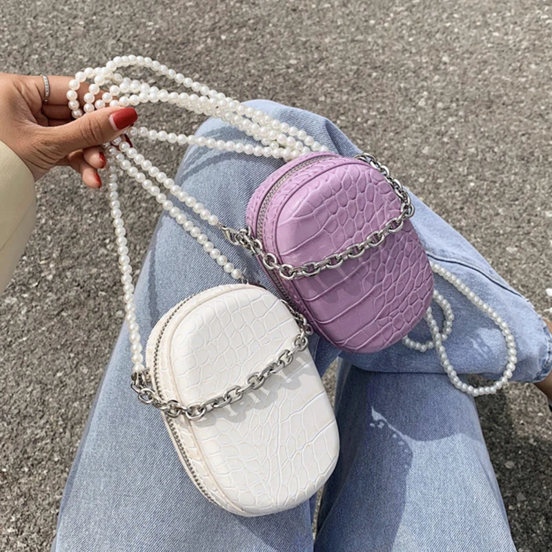 Мини-сумки через плечо с крокодиловым узором и жемчужной цепочкой для женщин 2020