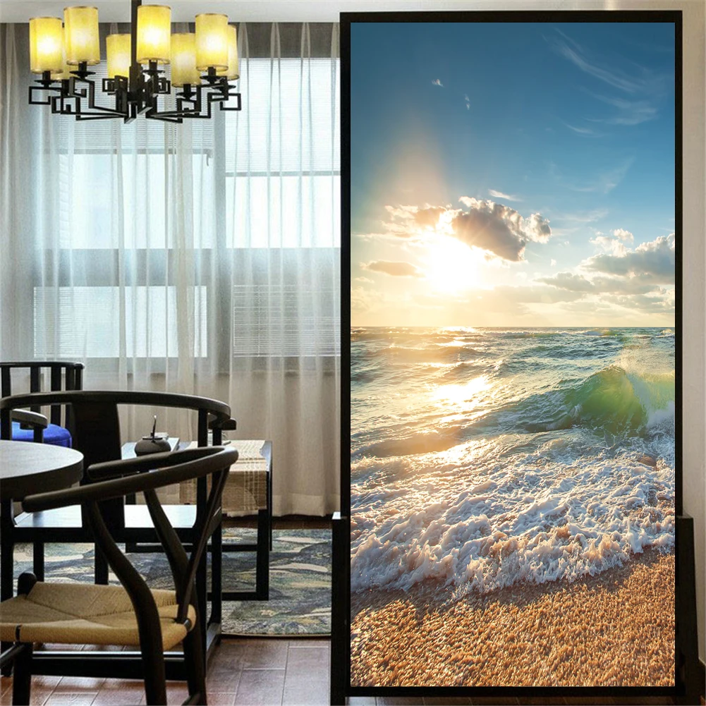 Оконная пленка для конфиденциальности с эффектом статического прилипания, без клея, декоративная, покрытие для стекла с морским пляжем, наклейка, 88 дюймов.