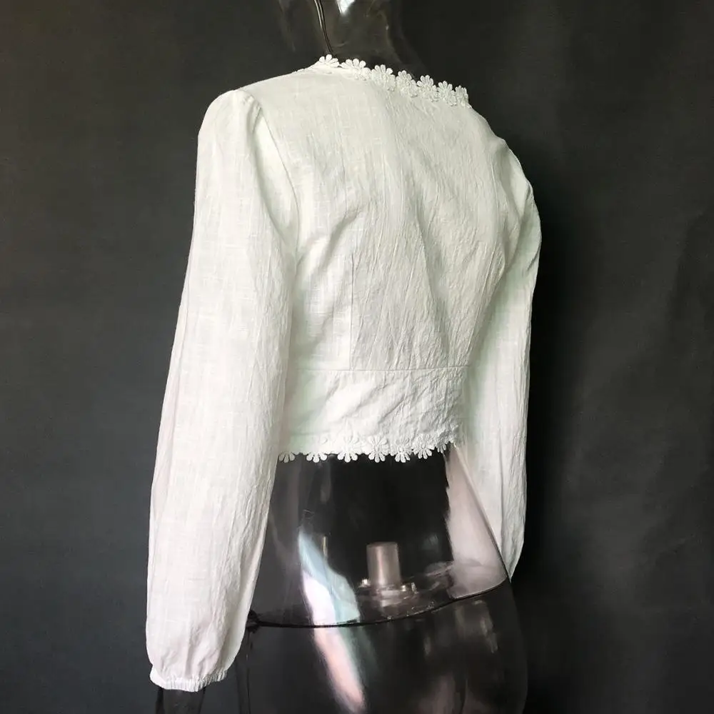 

Sexy V Neck Cropped Womens Tops and Blouses Floral Appliques Long Sleeve Vintage White Cotton Linen Lace Shirt