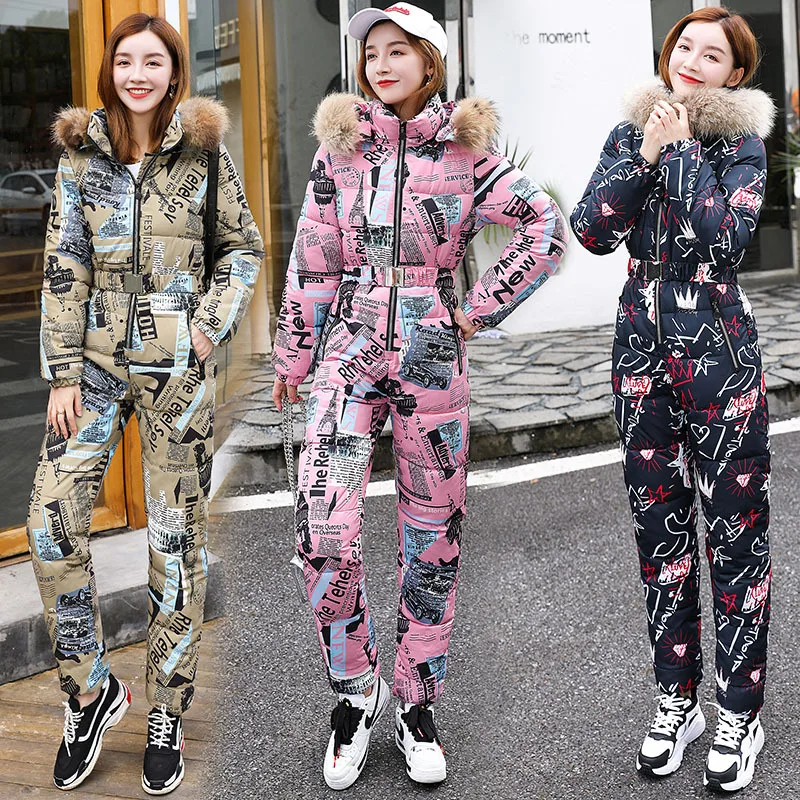 FORERUN Winter Jumpsuit Women One Piece Printed Ski Suit Real Fur Collar Hooded Sashes Cotton Padded Warm Parka Zipper Overalls