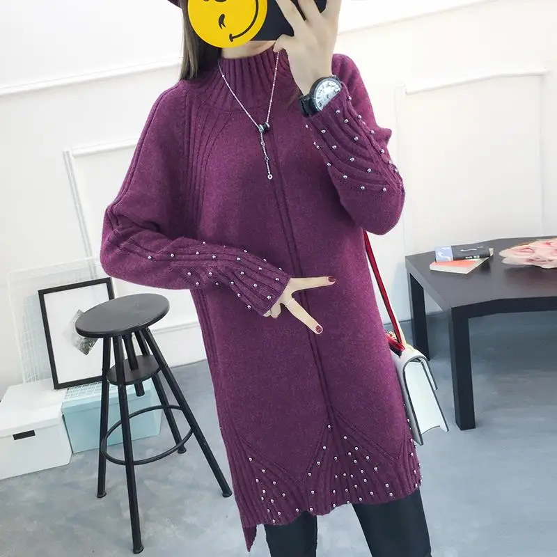 

New sweaters for fall / winter 2020 women's half high neck loose pin beads women's wear large thin T-shirt bottoming sweater