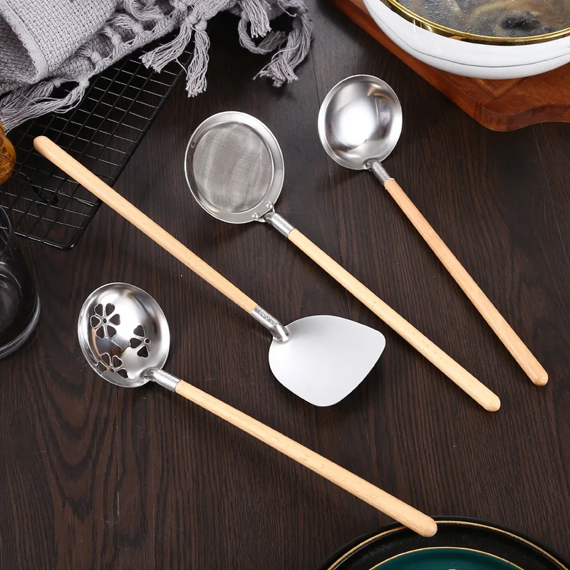 Кухонная утварь с деревянной ручкой кухонная нержавеющая сталь Золотая