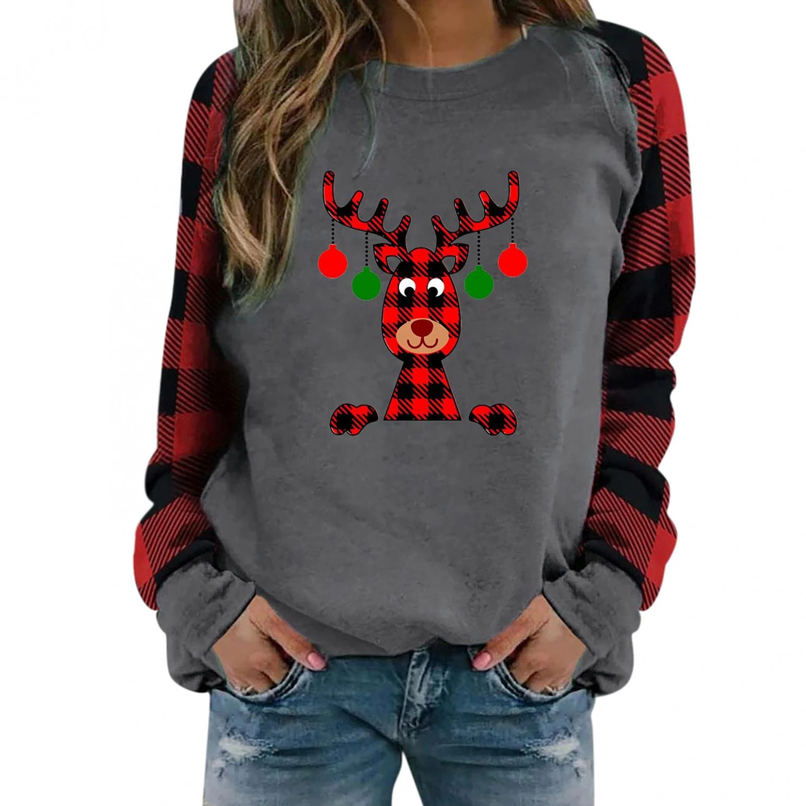 

Women Christmas Hoodies Adults Plaid Cartoon Print Long Sleeve Round Neck Pullover Tops Women Spring Autumn Casual Sweatshirt