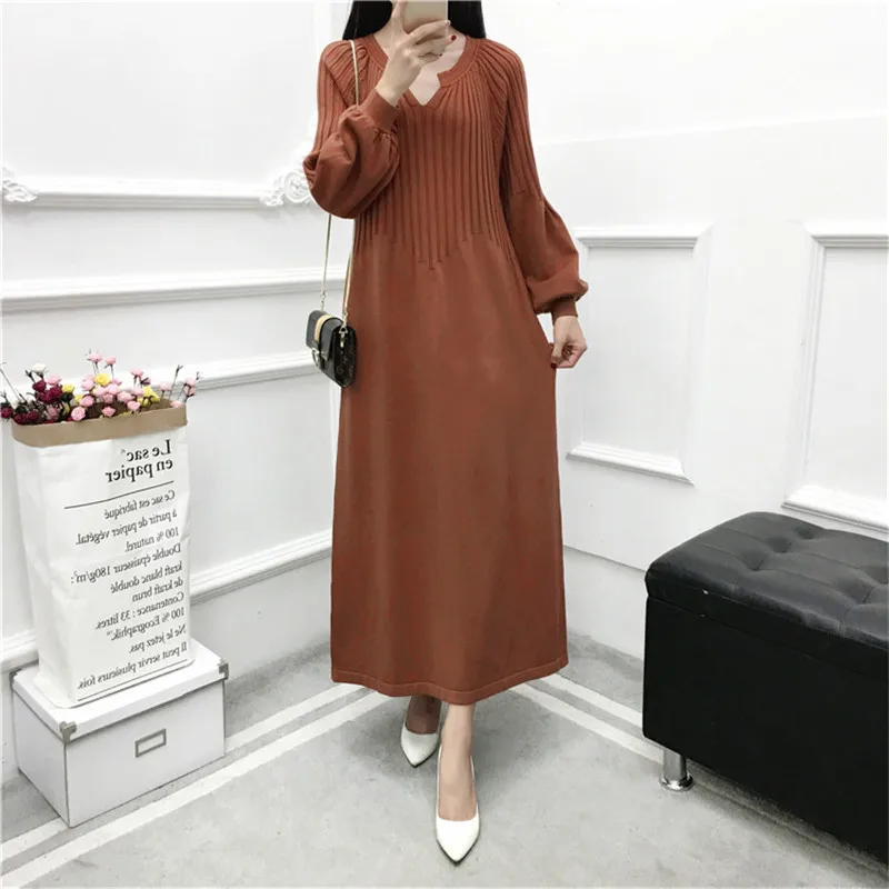 

Women Sweater Dress Autumn Winter V Neck Knitted Dresses Elegant Ladies Full Sleeve Long Dress Plus size Pull Vestidos loose