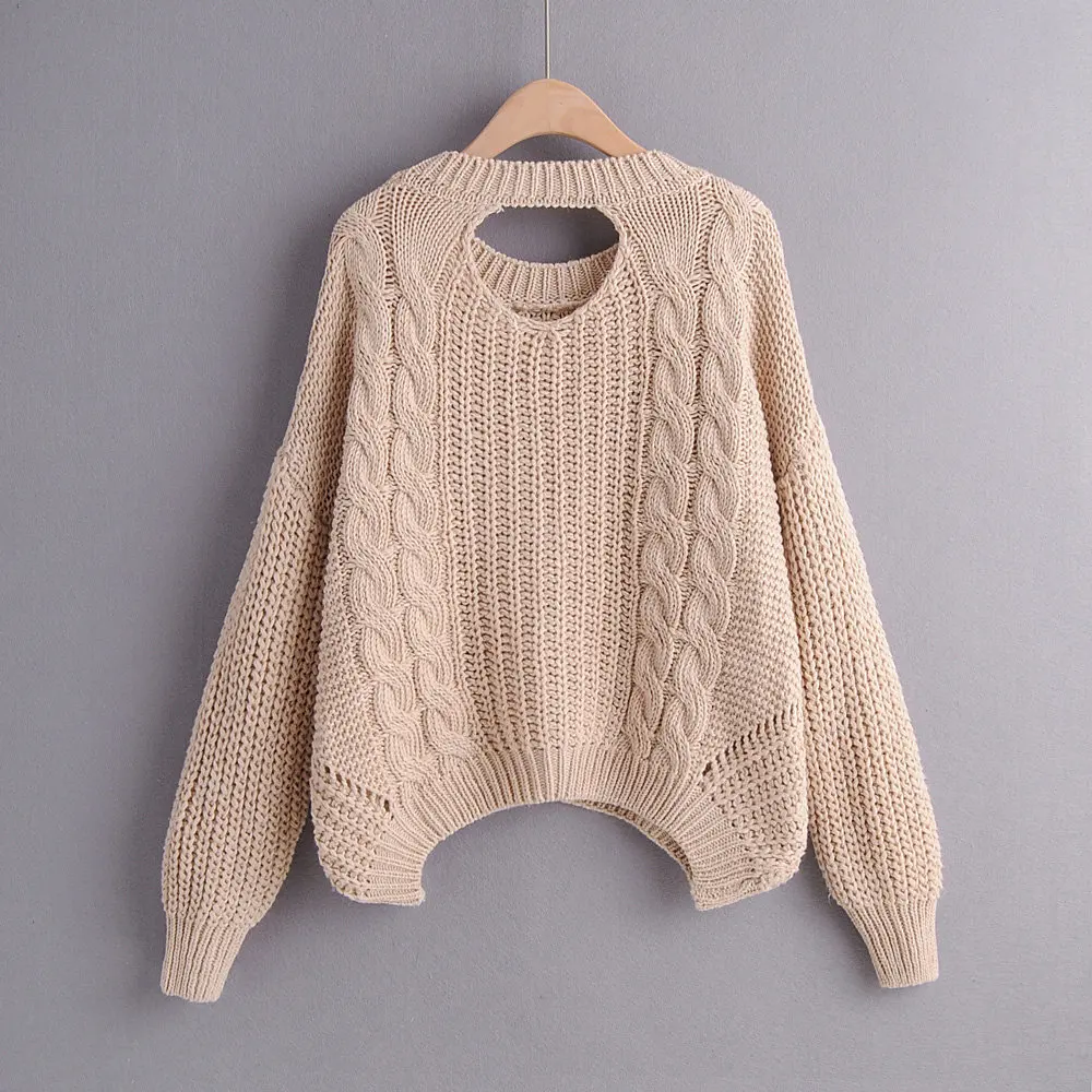 Casual Coarse Needle Knitting Sweater Back Hollow Out Yellow 2019 Autumn Winter Knitted Tops Loose Pullovers | Женская одежда