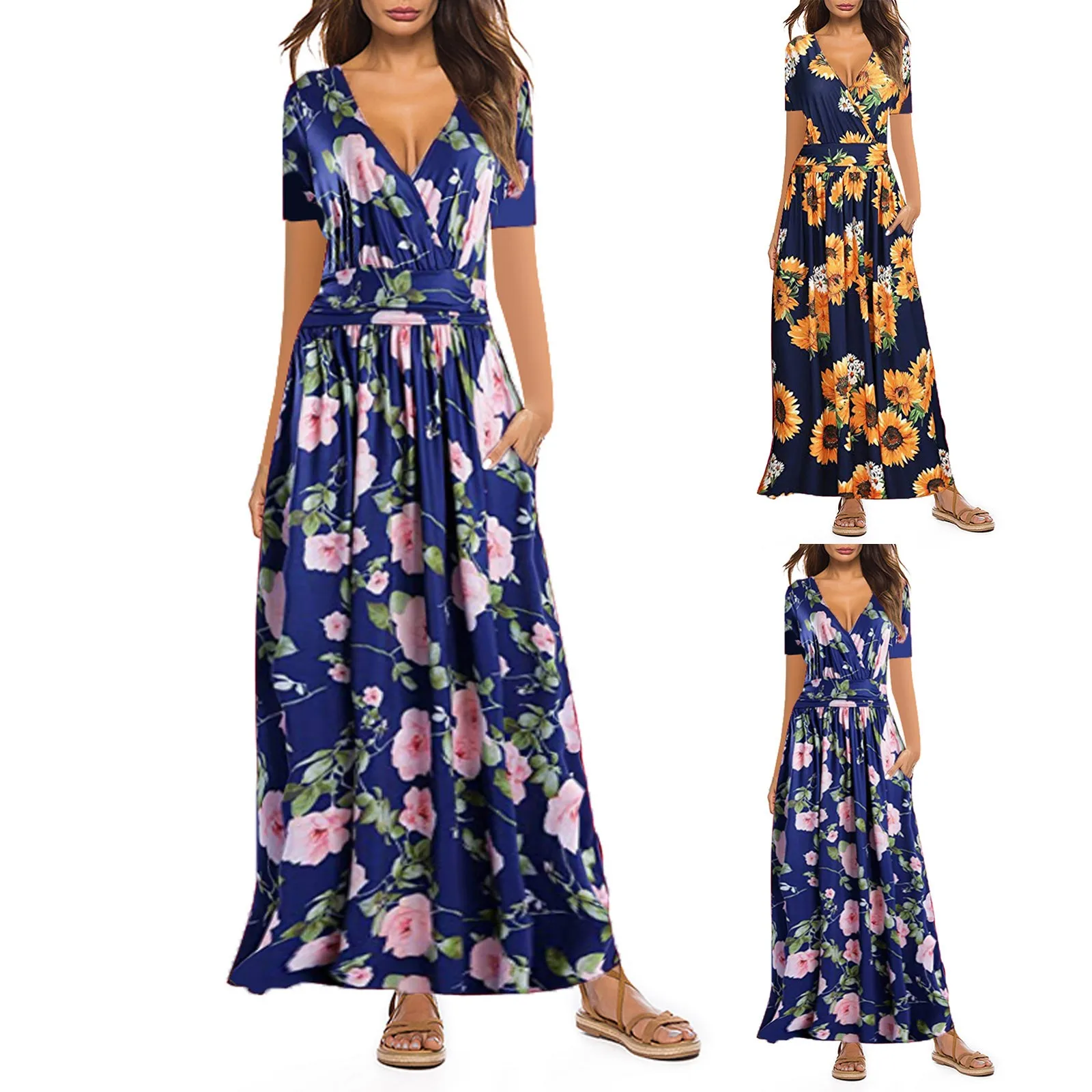 

40# Printed Pocket Long Dress Women Loose Casual Short Sleeve Long Dress Bohemia Oversized Summer Dress 2021 Vintage Robe Femme