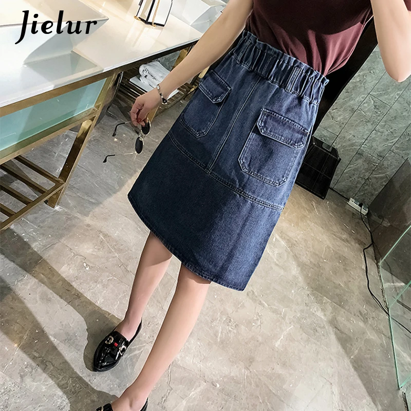 Jielur 2019 Корейская Стильная джинсовая юбка с большим карманом для отдыха большие