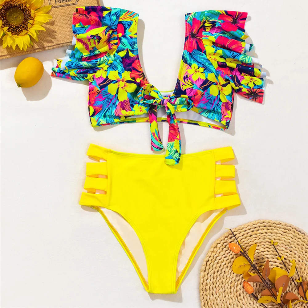 

2021 Bikini New Ruffle Women's Bra Set Women's Split Swimsuit European and American Sexy High Waist Swimsuit 2-Piece Set