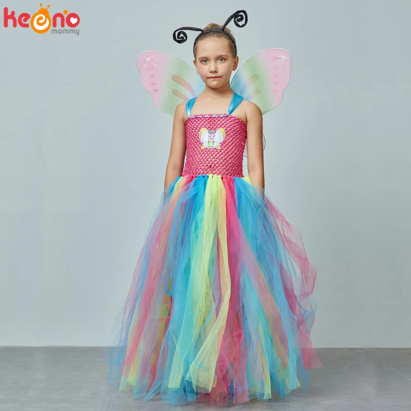 Платье-пачка с радужными бабочками для девочек крыльями и повязкой на голову