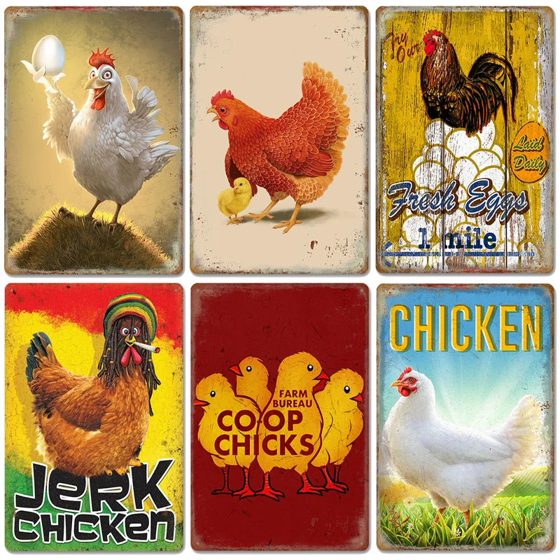 

Jeek Chicken Vintage Poster Plates Rooster Hens Metal Tin Signs Retro Plaque for Bar Pub Farm Home Wall Decor