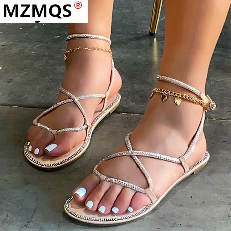 

2021 New Women's Shoes Summer Outdoor Casual Flat Sandals Beach Open Toe Rhinestone Sandals Comfortable Buckle Roman Women Shoes