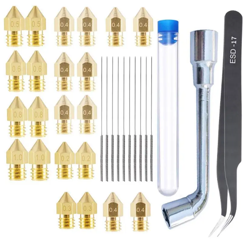 

3D Printer MK8 Nozzle Set 1.75mm 0.2/0.3/0.5/0.6/0.8/1.0mm & Tweezers & Spanner& 0.35 Needles for Creality CR-10 10S Ender 3 5