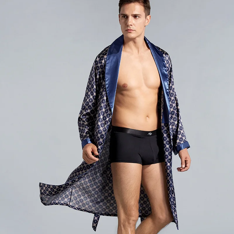 

L-5xl Robe Men's Silk Bath Summer Thin Silk Long Sleeve Bathrobe 21-1015