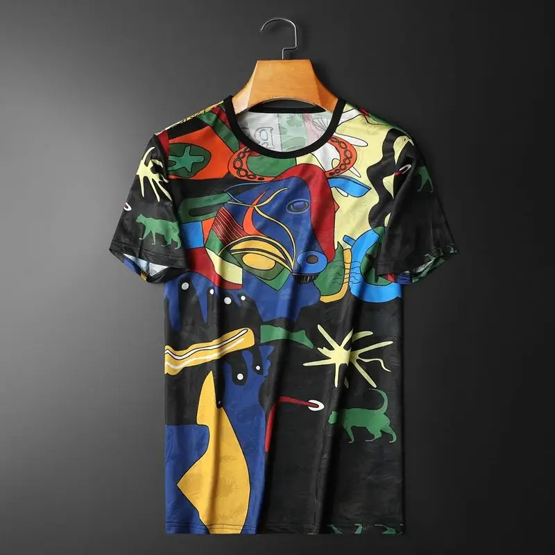 

2021 Summer Personalized Multi-color Stitching Contrast Color Animal Printing Ice Silk Short-sleeved T-shirt Men Tee Shirt Homme