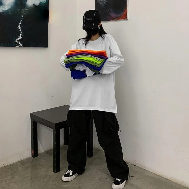 

Pure cotton t-shirt 2021 Korean retro basic solid color autumn bottoming shirt with men's women's long-sleeved T-shirt bf style