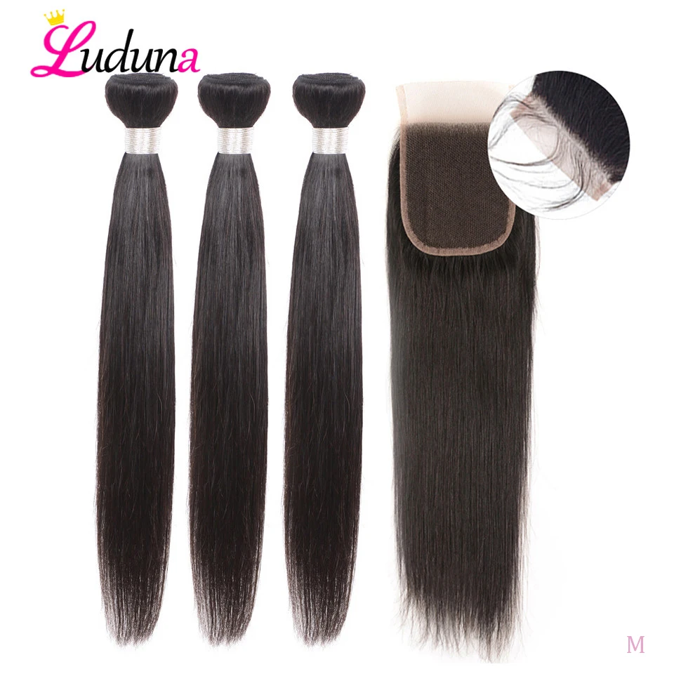 Luduna перуанские прямые пряди волос с закрытием 3 4*4 Remy человеческих двойные |