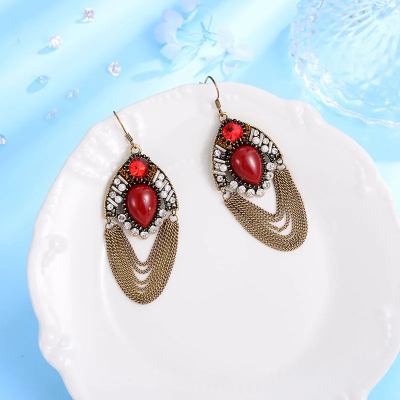 Женские винтажные серьги подвески Shineland черные и красные длинные с бусинами в