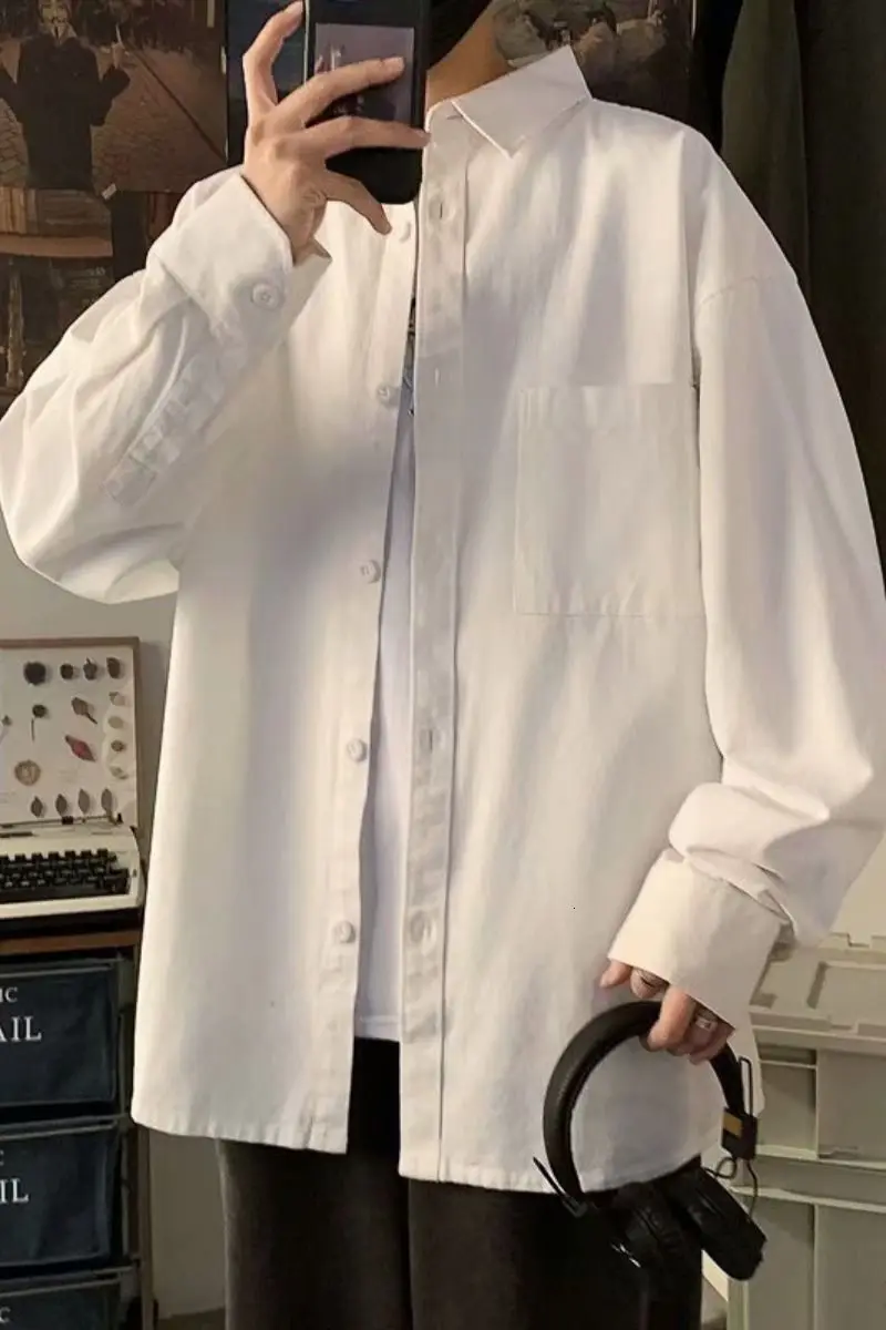

collar cotton work shirt men's new fashion long sleeve leisure handsome slim youth Minimalist Kpop Preppy Style Smart Casual
