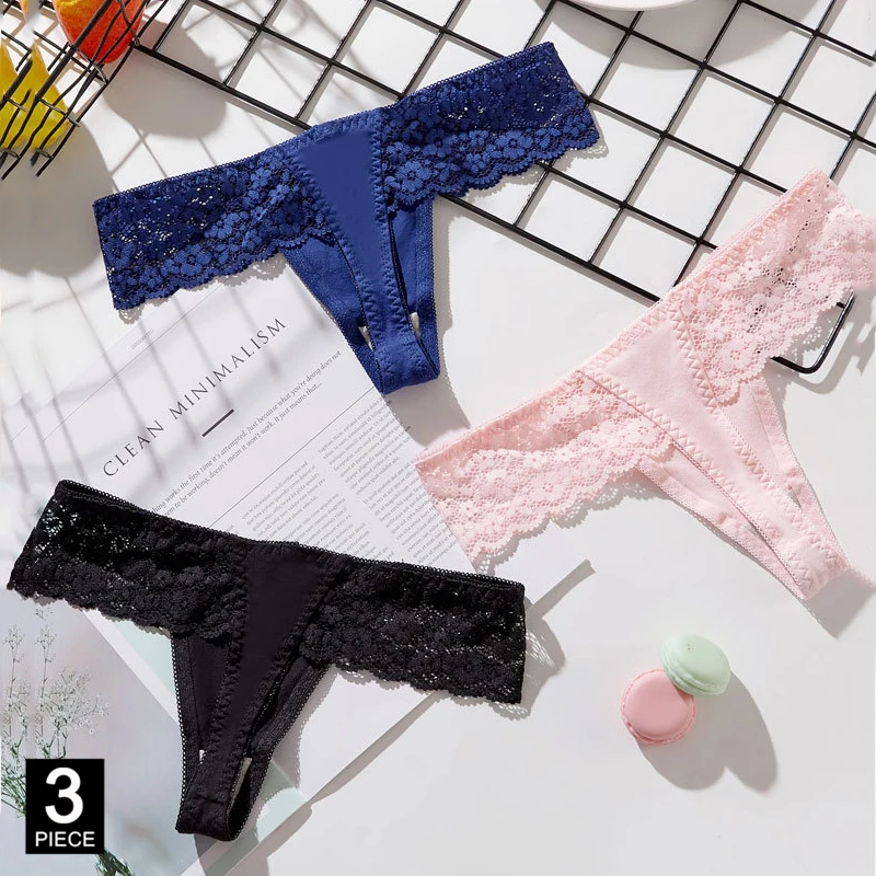 

Woman Sexy G-string Lace Panties Cotton T-back Girls New Soft Thong Seamless Transparent Panty Underwear 3 Pcs/set Dropshipping