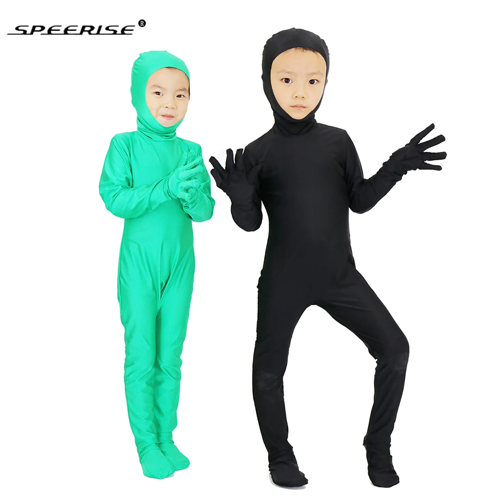 Черные костюмы зентай для мальчиков с открытым лицом цельные колготки костюм из