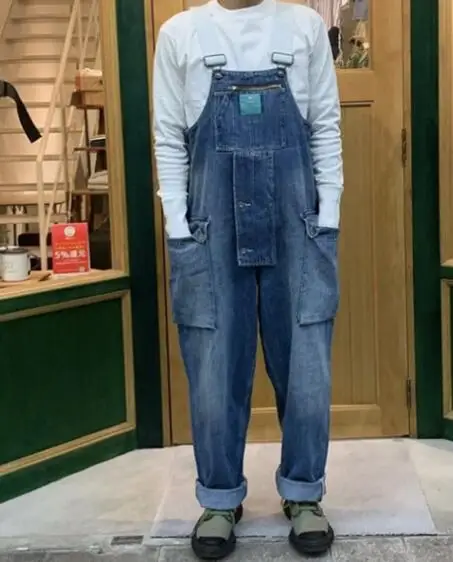 Multi-Pocket Bib Jeans Men's Washed Denim Overalls School Worker Suspenders Workers' Jumpsuit Denim Pants Asia Size