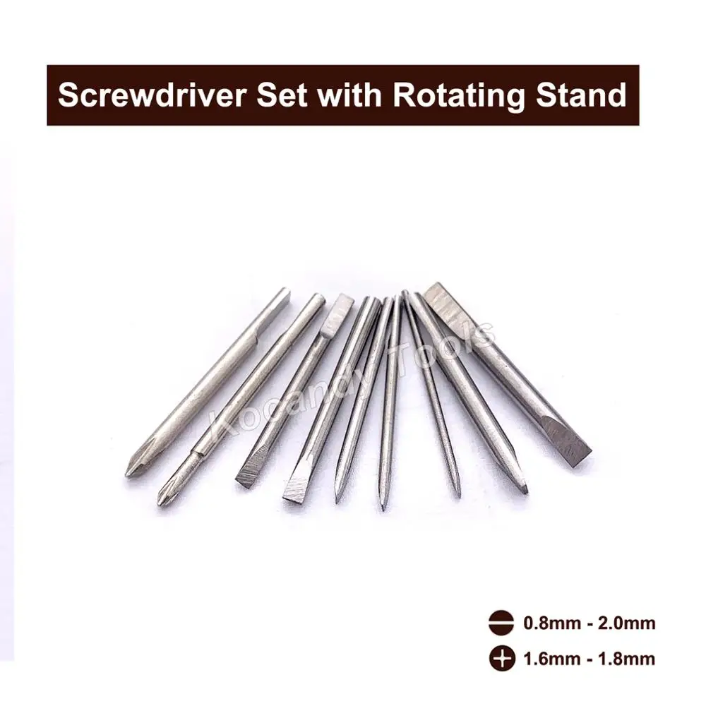 Watch Repair  9 pcs Screwdriver Set  with Rotating Stand and Replacing Tips Flat Head and Phillips Head Watch Tool Kits