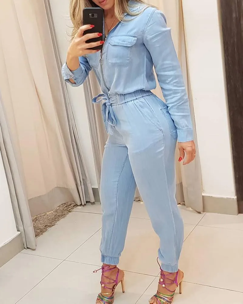 

2021 Fall New Jumpsuit Women Long Sleeve Slim Fit Lace Up Waist Casual Jumpsuits