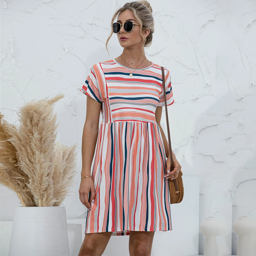 

Casual Summer Dress Striped Print Short Sleeve O Neck Loose Mini Dresses For Women 2021 Party Sundress Vestidos Robe Femmme