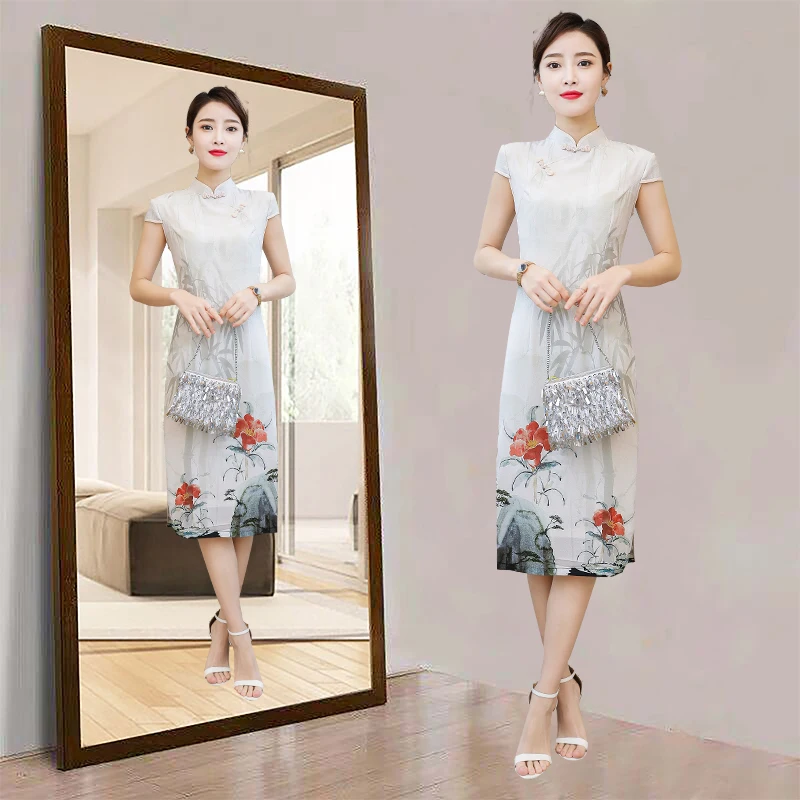 Женское платье в китайском стиле длинное летнее с короткими рукавами модель 2020