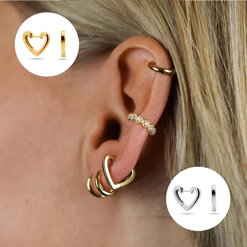 Серьги-кольца женские из серебра 925 пробы с блестящим сердцем | Украшения и