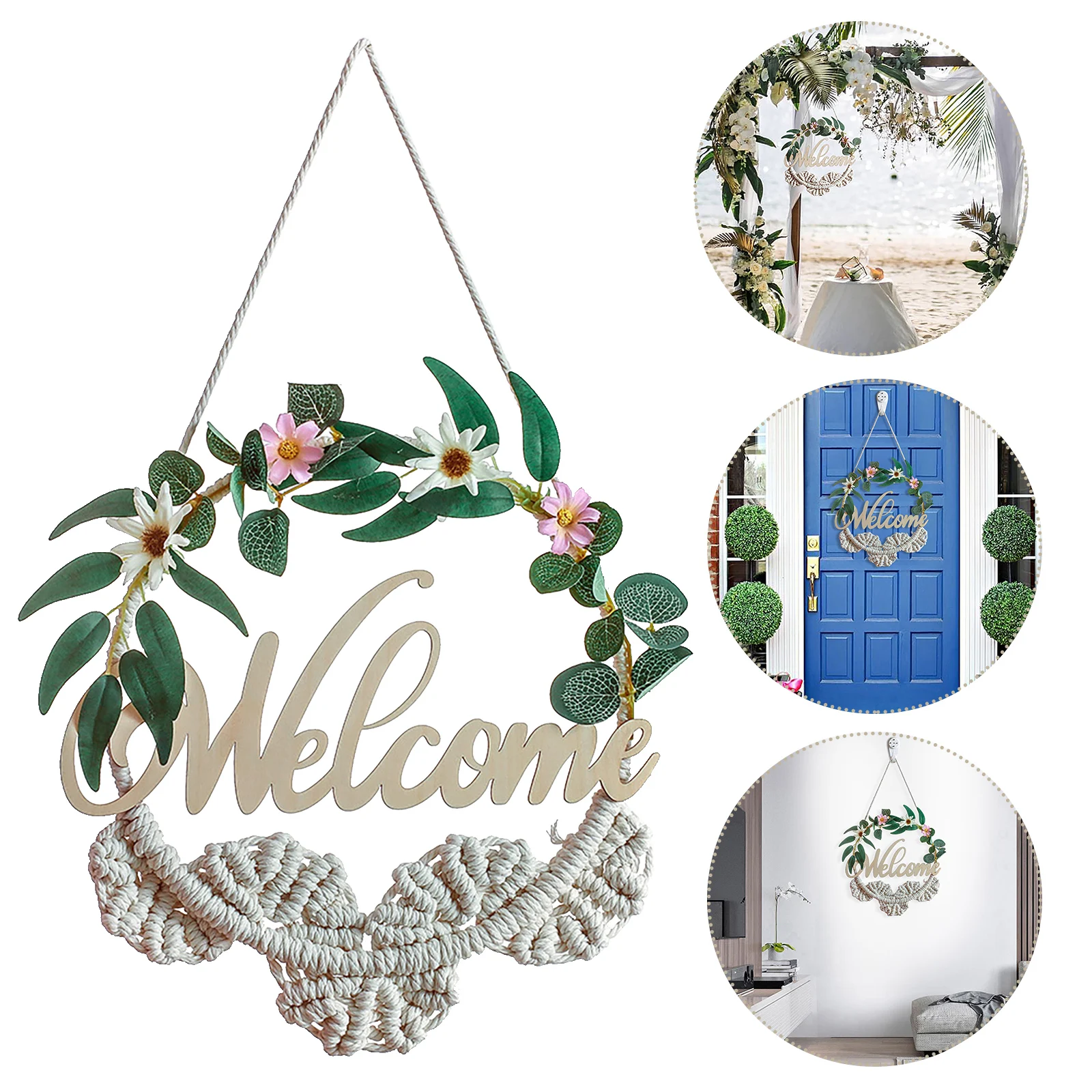 

Welcome Porch Sign Woven Macrame Wall Art Hanging Porch Wreath Sign with Greenery Artificial Wooden Hanger Home Decorations