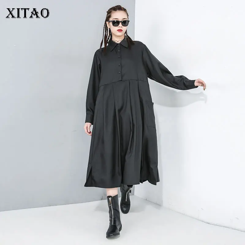 Женское плиссированное платье XITAO черное Повседневное большого размера с